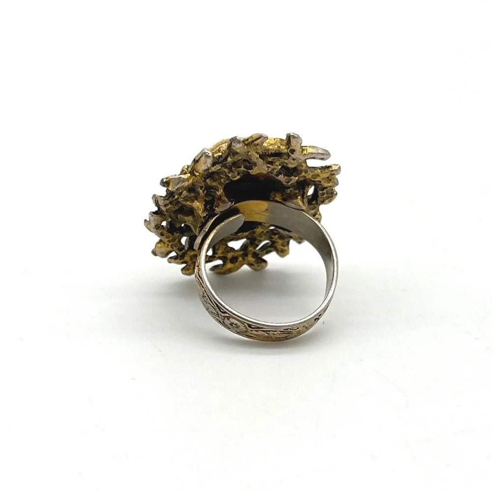Vintage Petit Point Embroidery Floral Ring Mixed‎ Metal Ornate Adjustable Band